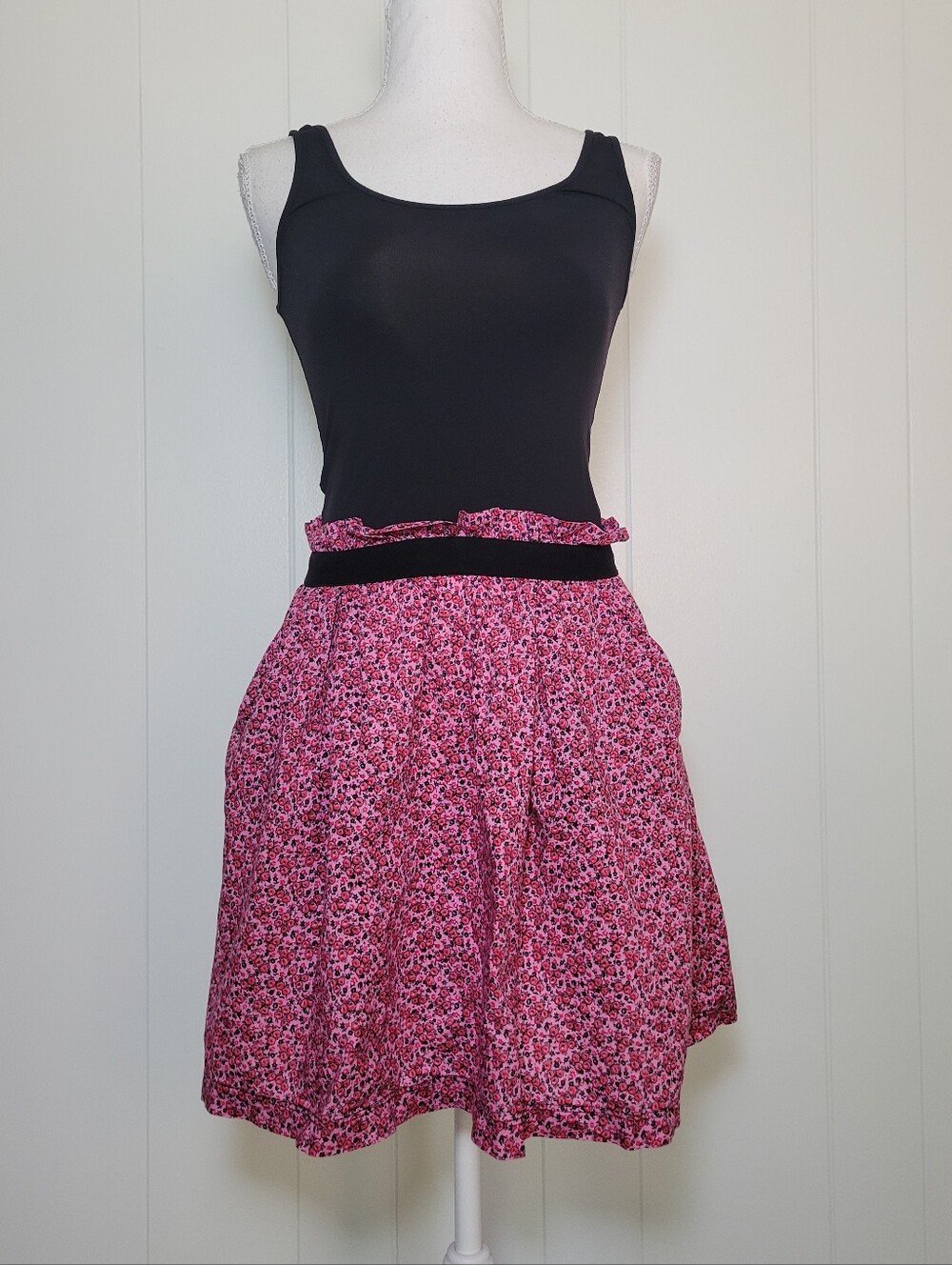 Victorias Secret PINK Tank Dress Mini Black & Pink Floral Twee Retro Stretch S